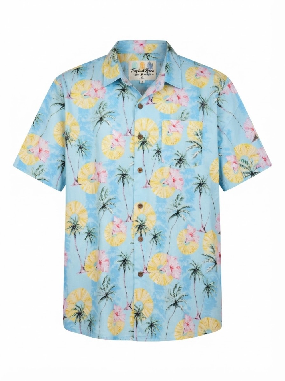 Tropical Bros Pineapple Waves Blue Hawaiian Shirt Men's XL Palm Tree Aloha